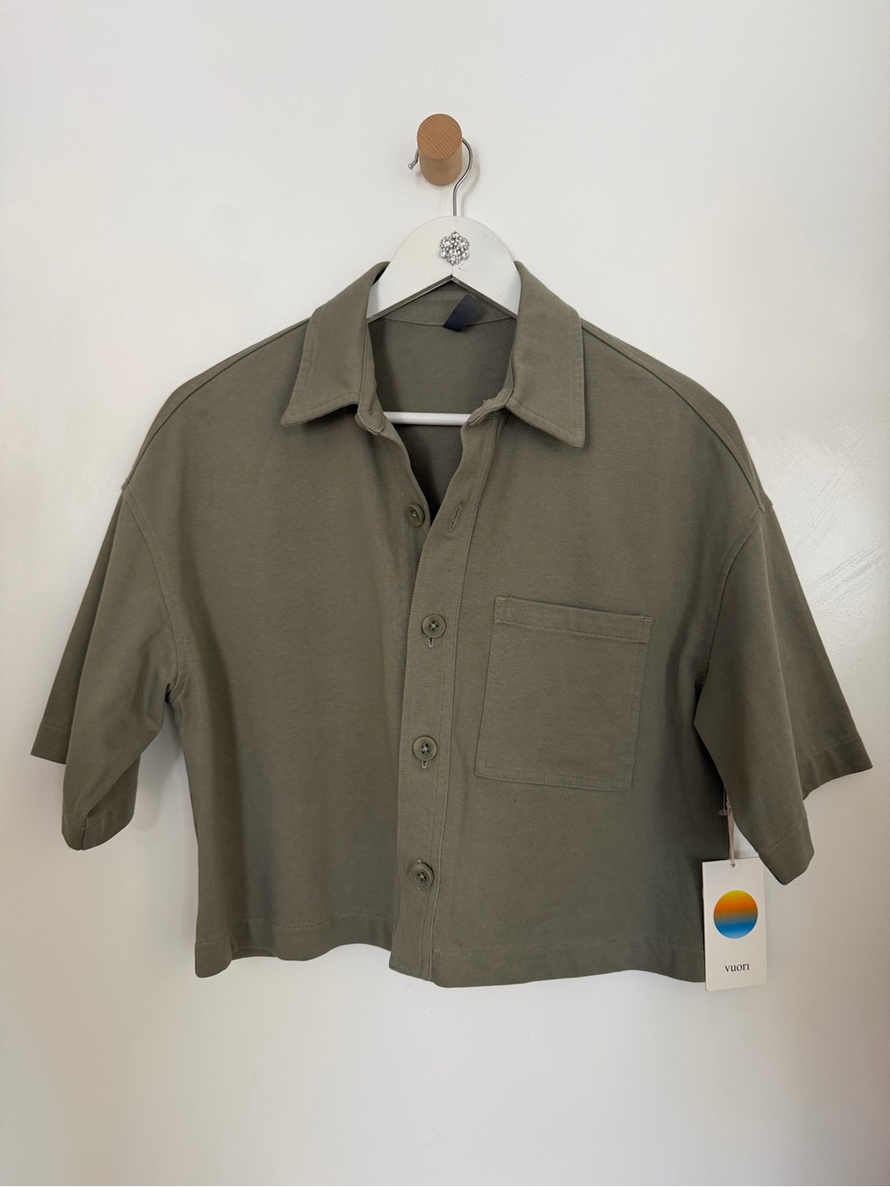 Vuori knit Cropped Olive Green Button-Front Crop Top cotton spandex